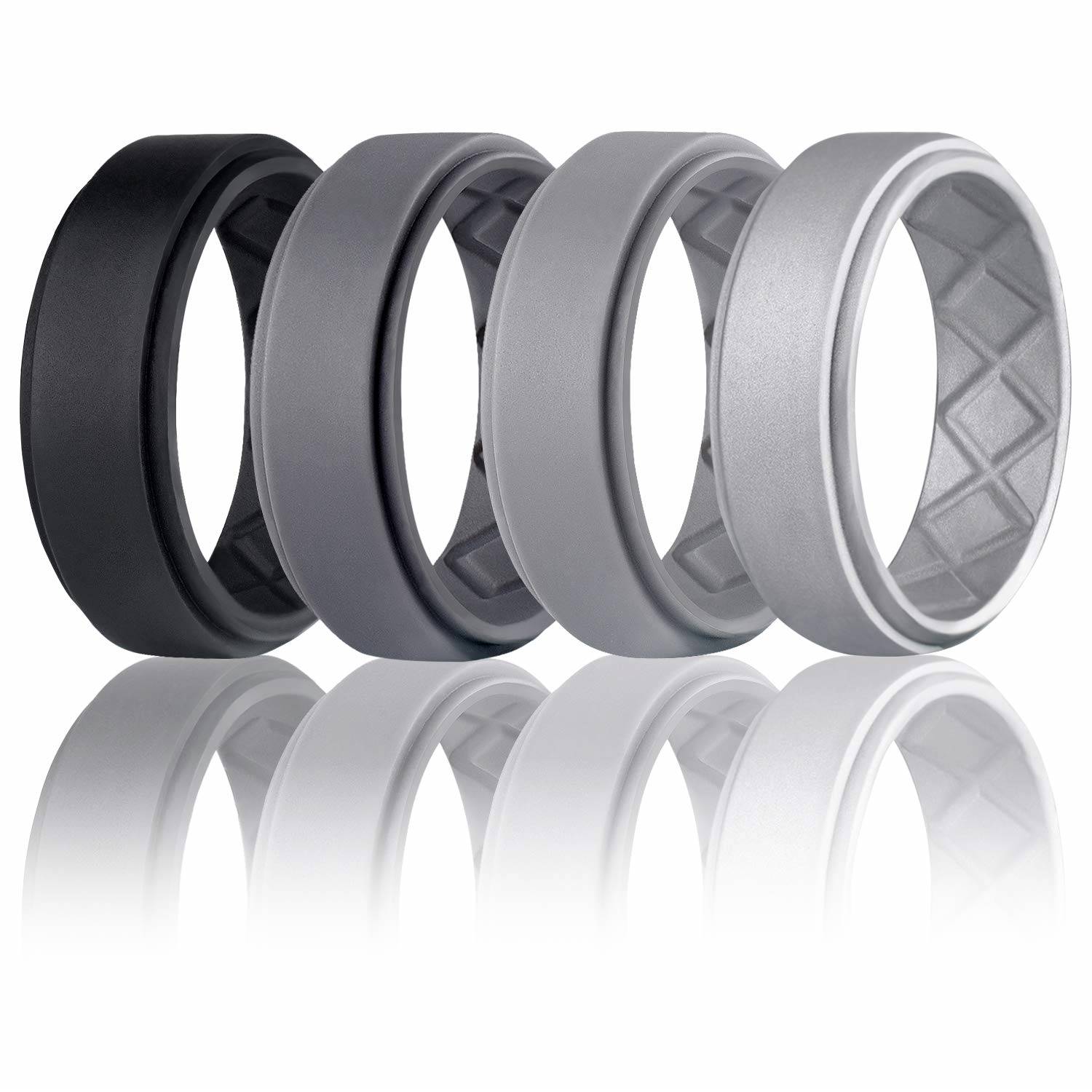 Silicone Wedding Ring 2 Piece Set for Active Men-Double Debossed Wedding Ring Pack Black and Grey