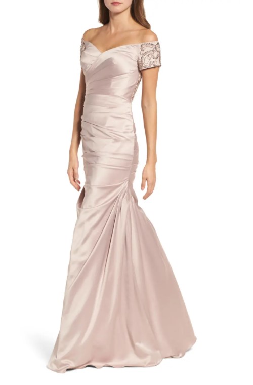 Off the Shoulder Beaded Satin Trumpet Gown