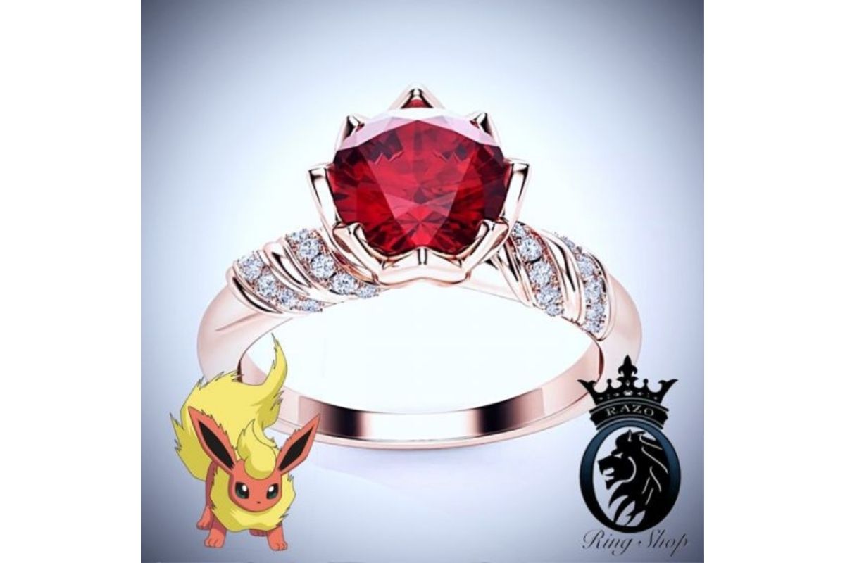 Pokemon Pokeball Half Round White-Red Garnet 14K White Gold Wedding Ring
