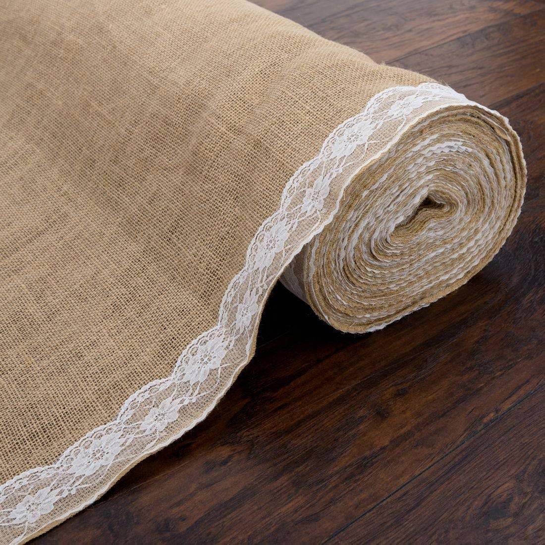 AK Trading natural burlap wedding aisle runner with ivory lace trim